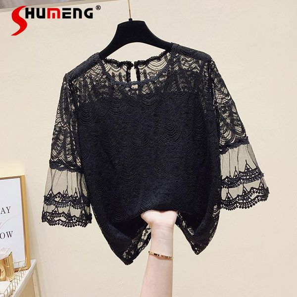 

women's blouses & shirts black white crocheted hollow stitching voile lace short sleeve pullover summer shirt for women 2021 elegant