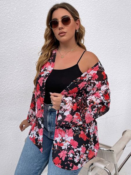 

plus allover floral print kimono x0ol#, Black
