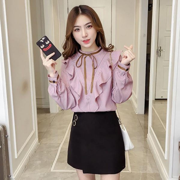 

women stripe shirt ruffle edge blouse bow tie neck long sleeve spring autumn arrival big size office lady women's blouses & shirts, White