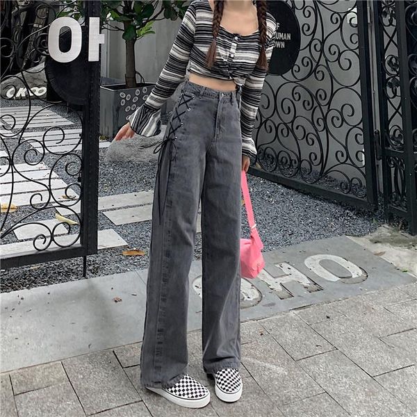 

women's jeans korean vintage grey high waist cowboy trousers loose sweety bandage bow denim base casual straight wide leg pants female, Blue