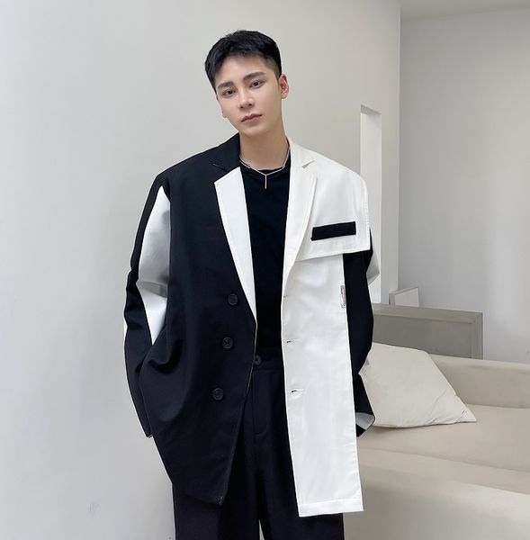 

men's suits & blazers black white splice men harajuku streetwear fashion casual jacket male korean dress coat blazer outerwear d8zo, White;black