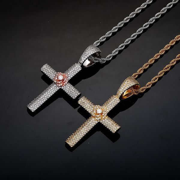 

men women fashion necklace gold plated bling cz rose cross pendant necklaces with tennis chain gift for friend, Silver