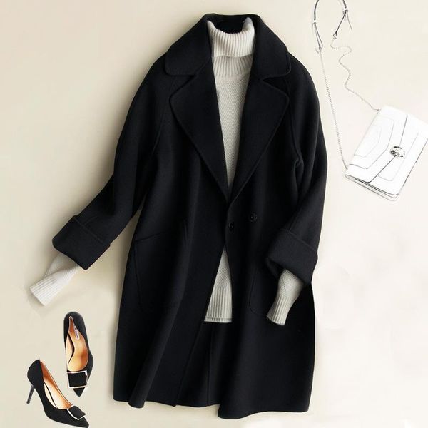 

large women's fleece coat add fat 200 jin mm slim loose double faced medium length wool & blends, Black