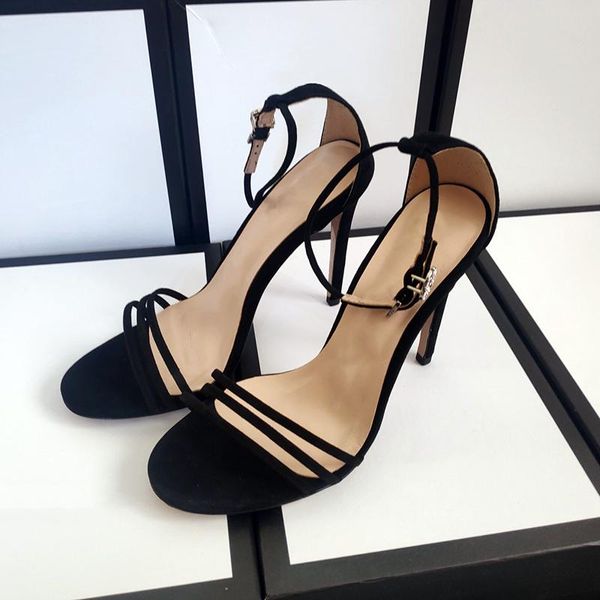 

black suede narrow band sandals buckle strap open toe high thin heels women party pumps big size female summer leather shoes dress