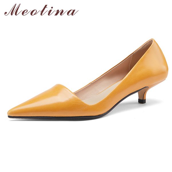 

meotina genuine leather stiletto heels pumps pointes toe shallow office shoes women mid heel footwear slip on shoes spring 40 210520, Black