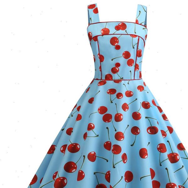 

women dress cherry print strapless vintage dresses summer sleeveless hepburn style 50s 60s rockabilly party swing pinup vestidos, Black;gray