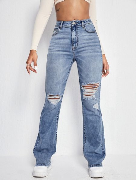 

slant pocket ripped flare leg jeans s047#, Blue