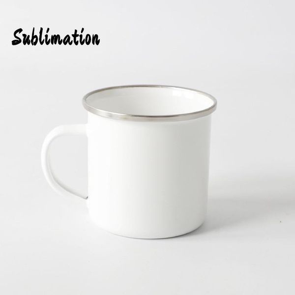 

diy sublimation 12oz enamel mug with silver rim 350ml stainless steel enamelled cup handle blank tooth tumblers water coffee bottles fy4394