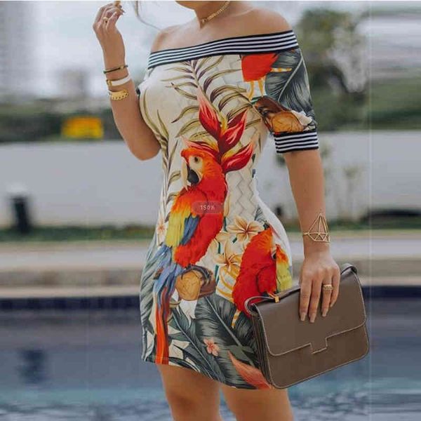 Eelegant Papagei Gedruckt Arbeitskleid Sexy Off Schulter Floral Kurzes Kleid Vintage Gestreiften Party Robe Femme 210521