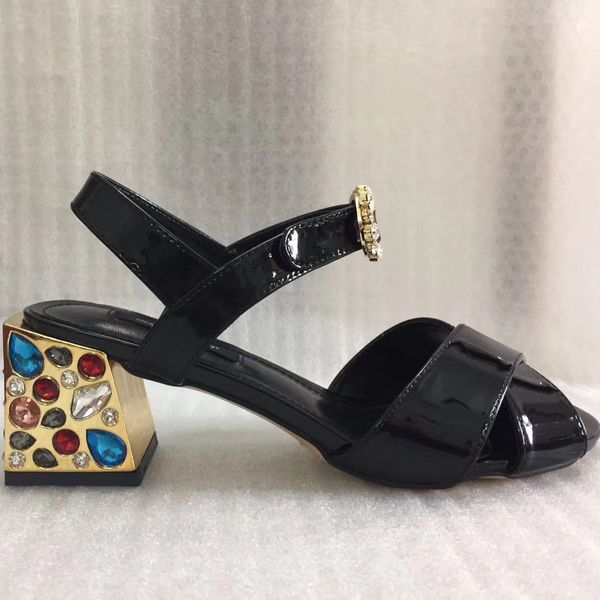 

New Colorful Rhinestone Heel Open Toe Sandals Summer Fashion Rose Flower Printing Designer Shoes Women, Black