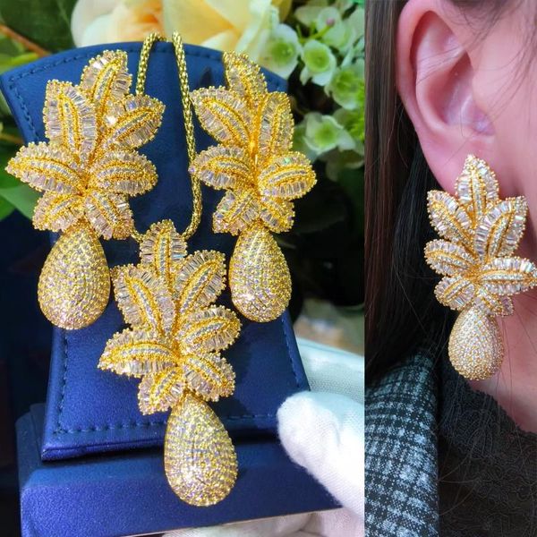 

earrings & necklace godki luxury shiny pineapple women wedding statement choker drop dubai jewelry sets, Silver
