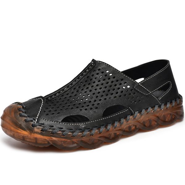 

sandals brand genuine leather men shoes summer large size 's fashion slippers big 38-46 01ao, Black