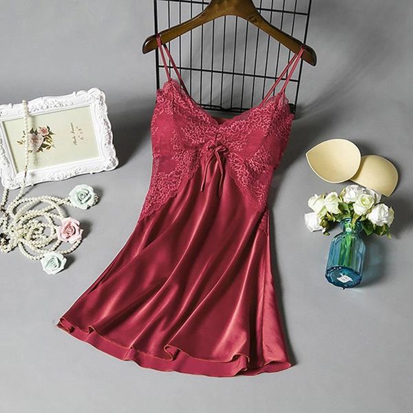 

lingerie silk nightgown dress womens sleepwears lace solid night nightie satin homewear chest pad nightwear, Black;red