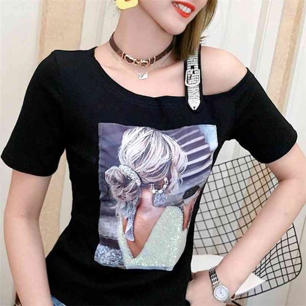 

summer korean clothes t-shirt fashion print skew collar diamonds chain women ropa mujer cotton shirt tees t06207 210322, White