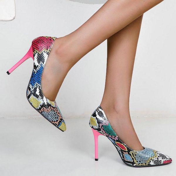 

women snake print thin high heel pumps fashion slip on lazy shoes pointed toe party spring summer lady brown blue dress, Black