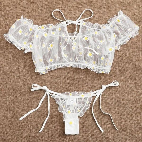 

bras sets women daisy floral off shoulder 2pcs see through babydoll lingerie lace up mesh +g-string panties sleepwear set, Red;black