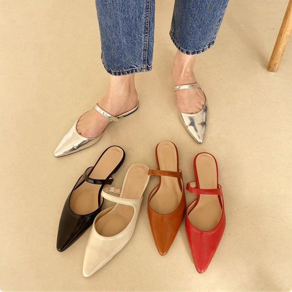 

slippers south korea net red pointed half summer silver color baotou flat slipper women's lazy, Black
