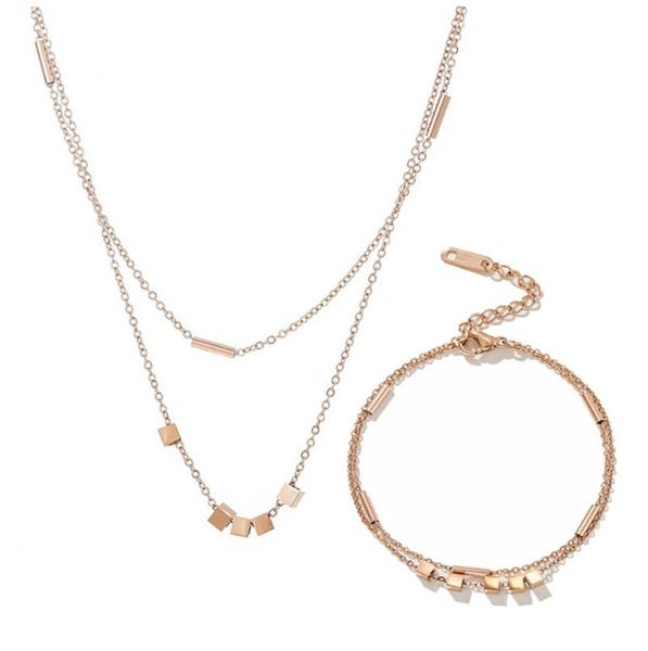 

earrings & necklace 316l stainless steel small square double layer titanium bracelet set rose gold jewelry no fade, Silver