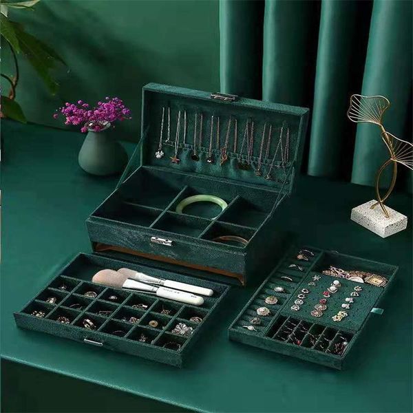 

jewelry pouches, bags 24 x 11x 17cm dark green double-layer three-layer drawer earrings ring storage box watch dustproof finishing, Pink;blue