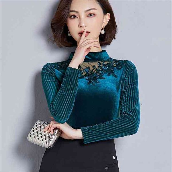 

winter gold velvet women blouses stand collar lace stitching bottoming gauze hollow out femina blusa, White