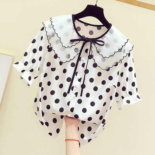 

blouses spring summer korean style doll collar lace-up bow polka dot shirt women's casual and blouses blusas students, White