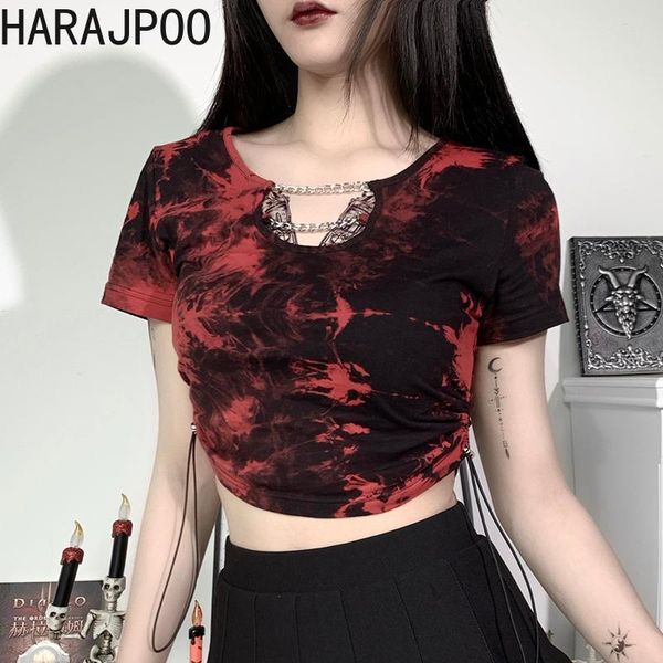 

women's t-shirt harajpoo women 2021 spring summer chain tie dye korean fashion high waist short leakage navel drawstring top, White