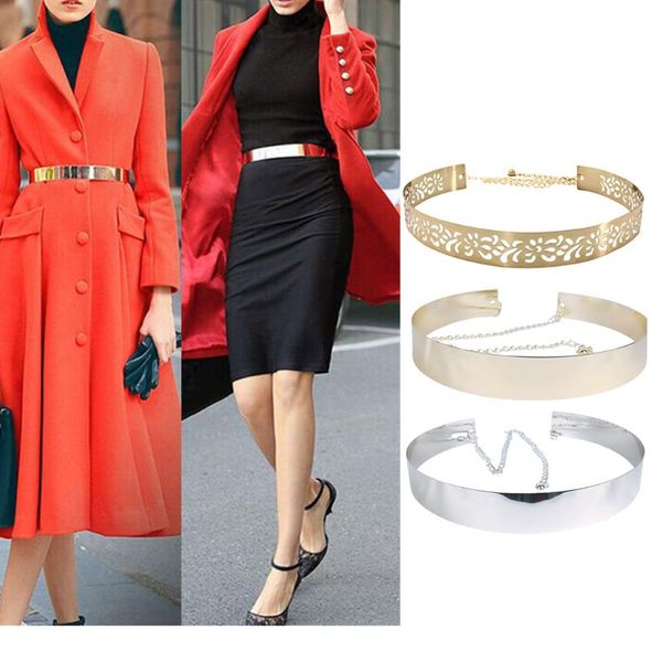 

women gold belt lady girls dress metal mirror plate chain belts, Black;brown