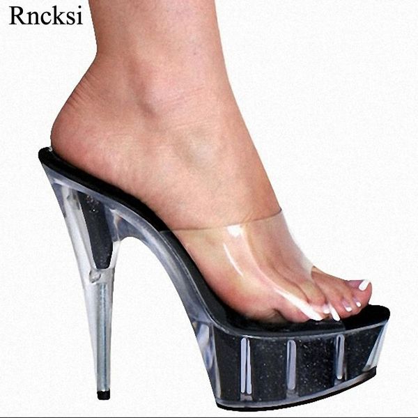 

rncksi women plus size dance woman 15 cm high heel waterproof table cool flash crystal slippers model, Black
