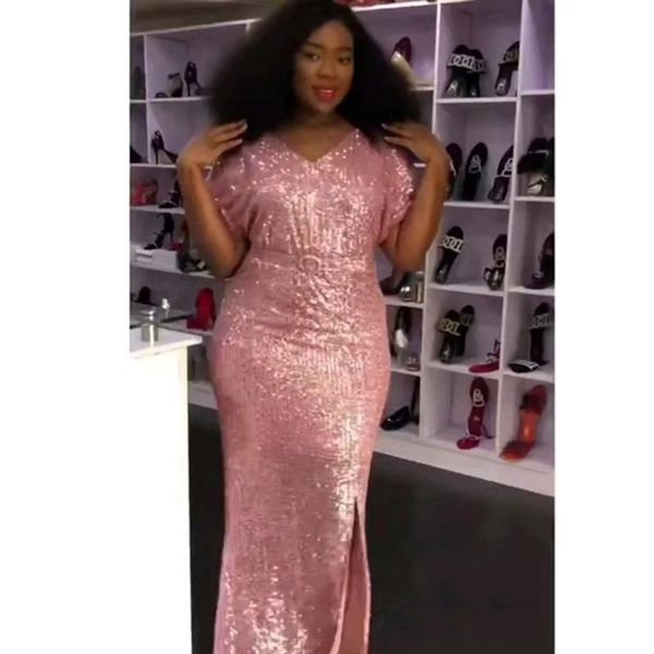 

ethnic clothing african dresses for women 2021 selling shining sequins v-neck short sleeves split tight maxi dress with belt soiree, Red