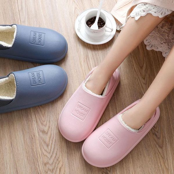 

waterproof cotton slippers women indoor bag with plush warm shoes non-slip couple dual-use men home, Black