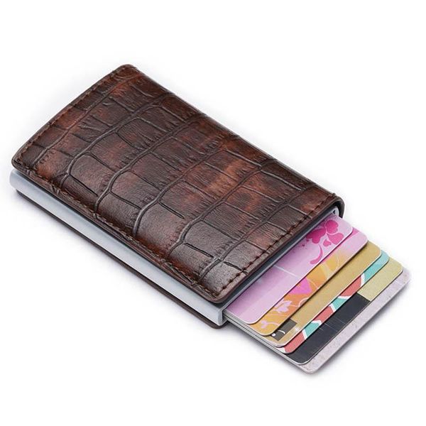 

card holders 2021 rfid aluminium holder crocodile pattern metal leather wallet antitheft men automatic case, Brown;gray