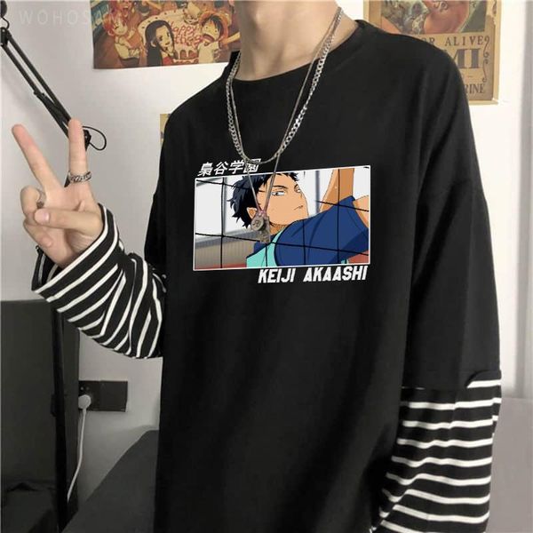 

men's t-shirts funny japan anime haikyuu akaashi keiji t shirt fashion casual tshirts harajuku oversize summer long sleeve stripe men t, White;black