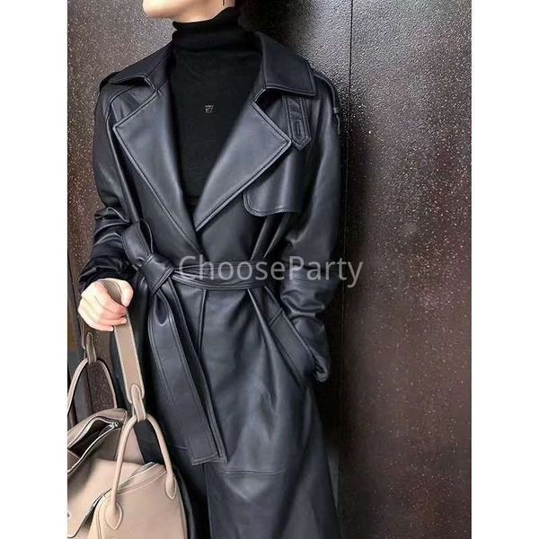 

cp design mall counter the same high-quality leather coat sheep long windbreaker for women, Black