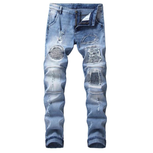 

jeans men's ripped straight slim elastic, Blue