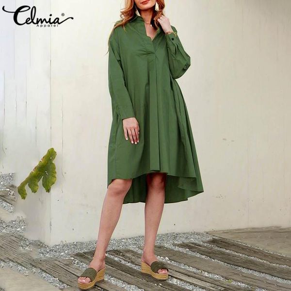 

women's long sleeve vintage shirt dress 2021 celmia fashion lapel buttons casual solid loose dresses party vestidos plus size, Black;gray