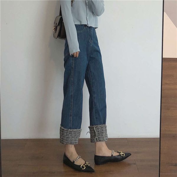 

autumn loose flannel tweed stitching design high waist women's capris, Blue