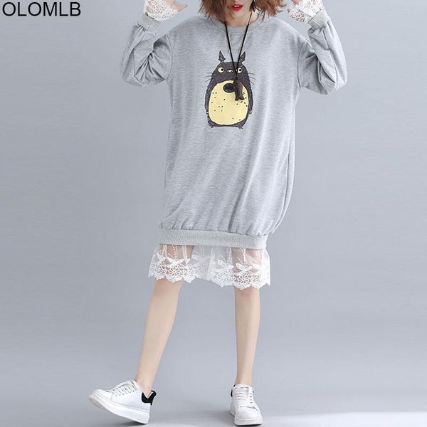 

women's hoodies & sweatshirts 2021 autumn kawaii cartoon print cotton cat hoodie dress vintage harajuku lace spliced dresses plus size, Black
