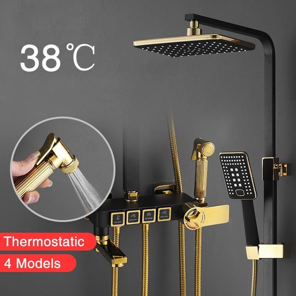 

bathroom shower sets thermostatic system luxury black-gold set rainfall &cold mixer bathtub faucet head waterfall