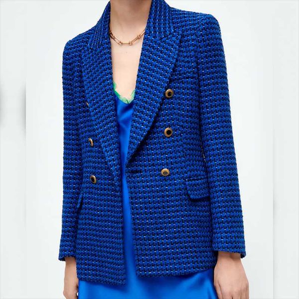 

women's suits & blazers women vintage plaid texture tweed woolen notched blazer coat office ladies double breasted female outerwear chi, White;black