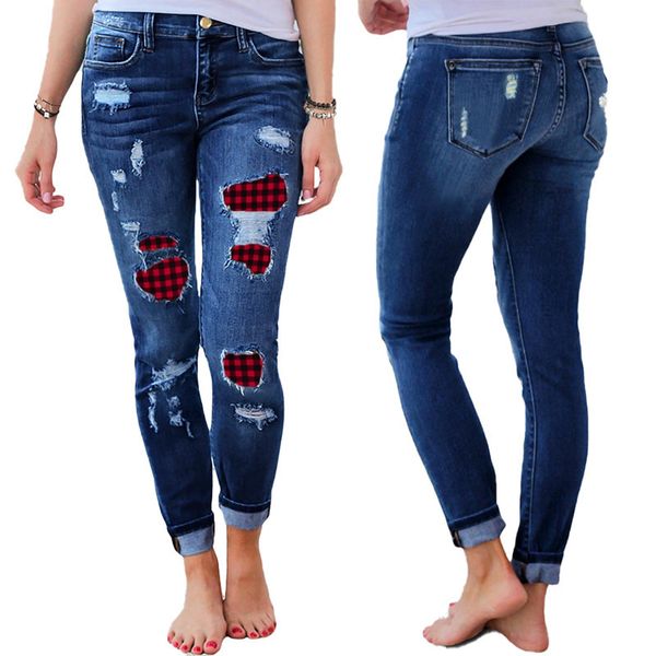 

jeans printed hole wash white stretch women's leggings pencil pants, Blue