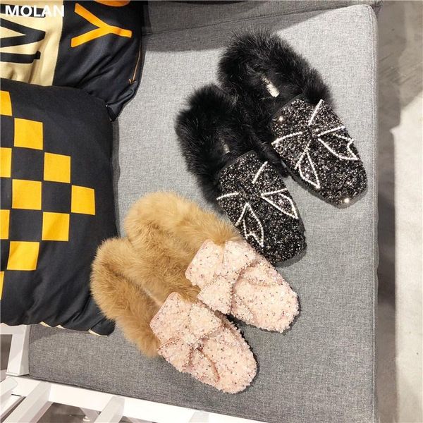 

brand designer 2021 winter soft warm plush flat slippers bling crystal butterfly-knot fur slides loafers mules flip flops, Black