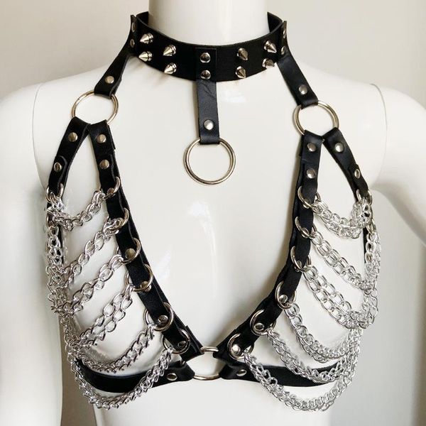 

bras european and american rivet punk collar women's belt chest chain leather corset accessories adjustable, Red;black