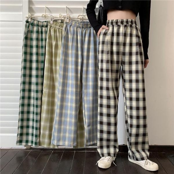 

plaid summer korean japanese women capri loose thin wide leg versatile straight casual trend, Black;white