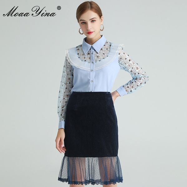 

fashion designer set spring women's long sleeve blouses +velvet patchwork mesh skirt two-piece set 210524, White