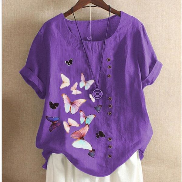 

new women's cartoon butterfly print button down short sleeve t-shirt, White