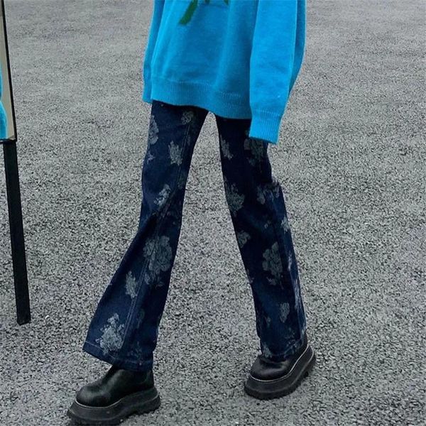 

women's jeans vintage rose print micro-flared pants streetwear women fashion harajuku female y2k high waist casual straight trousers, Blue