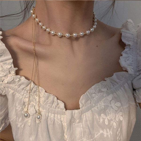 

chains light luxury pearl tassel necklace ins style simple chain strap jewelry female hair accessories for women, Silver