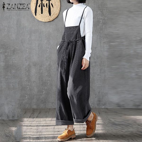

women's jumpsuits & rompers zanzea 2021 women casual solid strappy dungarees vintage corduroy loose party long wide leg overalls plus s, Black;white