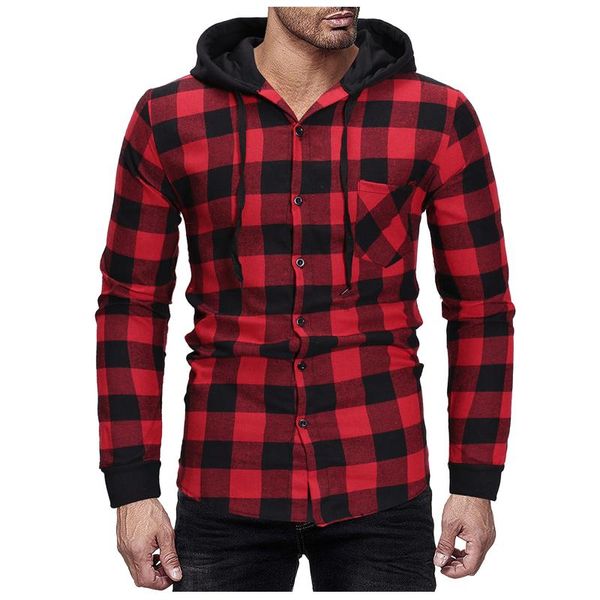 

men's casual shirts plaid printed long sleeve hooded shirt print single breasted hip, White;black