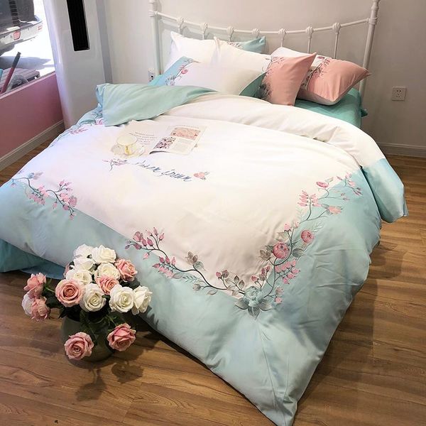 

bedding sets green white pink blue purple luxury pastoral flower embroidery silk cotton set duvet cover bed sheet/linen pillowcases